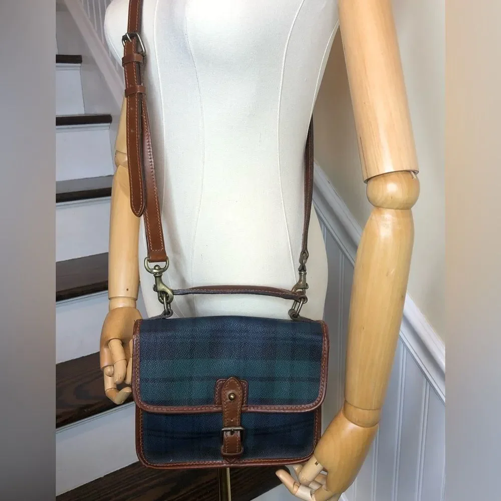RALPH LAUREN Black Watch Plaid Messenger Shoulder Bag Vintage
